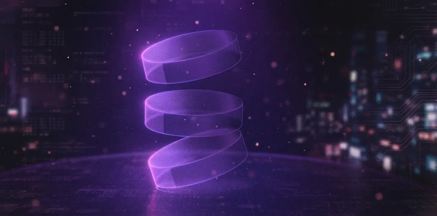 Three stacked translucent discs, the database symbol, glowing above a blurred city skyline