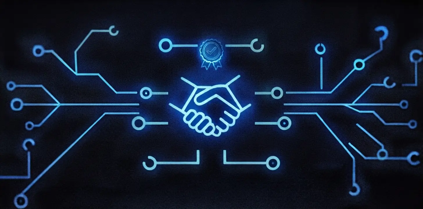 A handshake drawn in glowing blue lines, wired into a circuit board on either side