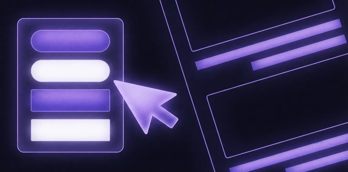 A glowing wireframe of stacked buttons beside a cursor, on a dark violet grid